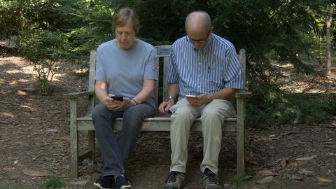Couple on bench use their cell phones 4K Видео 94183804