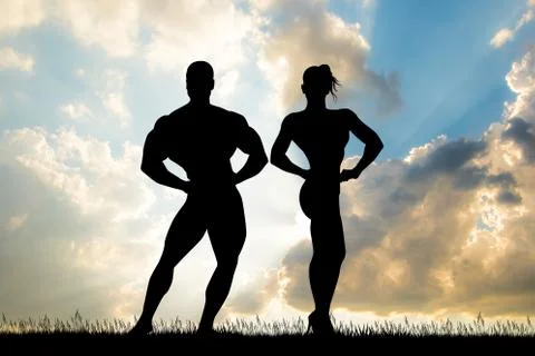 Couple of bodybuilder at sunset Stock Illustration