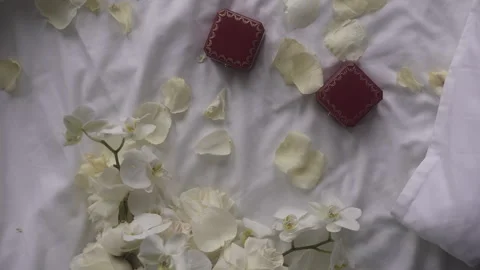 A couple of boxes sitting on top of a bed surrounded by flowers Vidéo 265574091