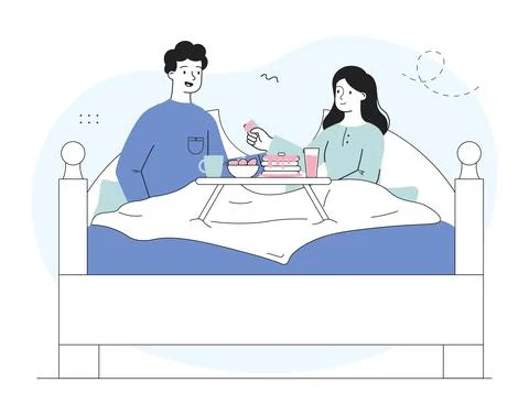 Couple with breakfast in bed. Man and woman lying with plate of strawberries Illustrazione stock