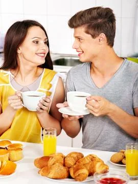 Couple breakfast at kitchen. Stock-Fotos