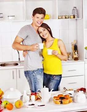 Couple breakfast at kitchen. Stock-Fotos