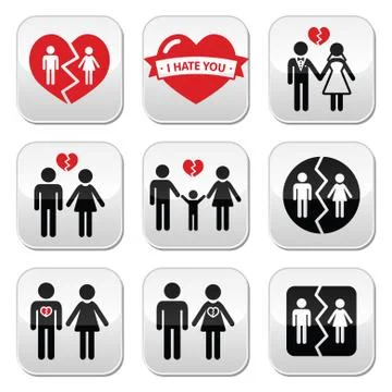 Couple breakup, divorce vector buttons set Stock Illustration