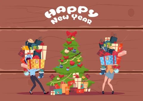 Couple Bring Stack Of Present Boxes To Christmas Tree Over Wooden Textured Stock Illustration