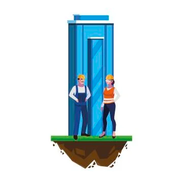 Couple of builders constructors workers with building Ilustración de archivo