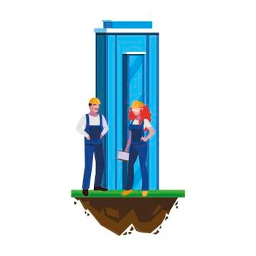 Couple of builders constructors workers with building Ilustración de archivo