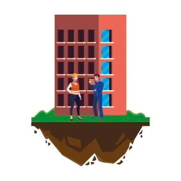 Couple of builders constructors workers with building Ilustración de archivo