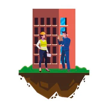 Couple of builders constructors workers with building Ilustración de archivo
