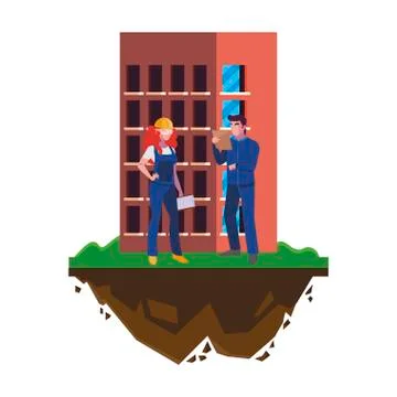 Couple of builders constructors workers with building Ilustración de archivo