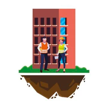Couple of builders constructors workers with building Ilustración de archivo