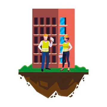 Couple of builders constructors workers with building Ilustración de archivo