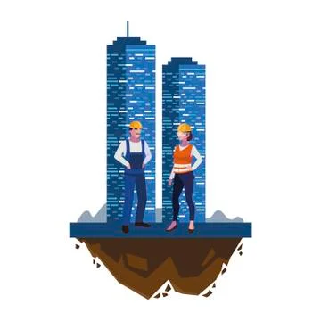 Couple of builders constructors workers with building Ilustración de archivo