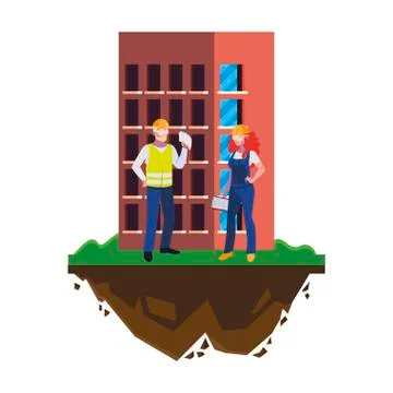 Couple of builders constructors workers with building Ilustración de archivo