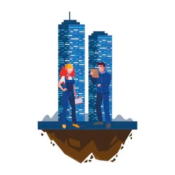 Couple of builders constructors workers with building Ilustración de archivo