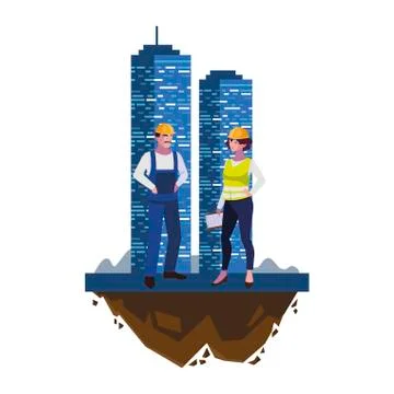 Couple of builders constructors workers with building Ilustración de archivo