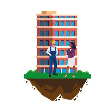 Couple of builders constructors workers with building Ilustración de archivo