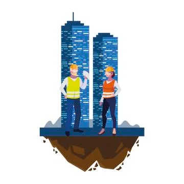 Couple of builders constructors workers with building Ilustración de archivo