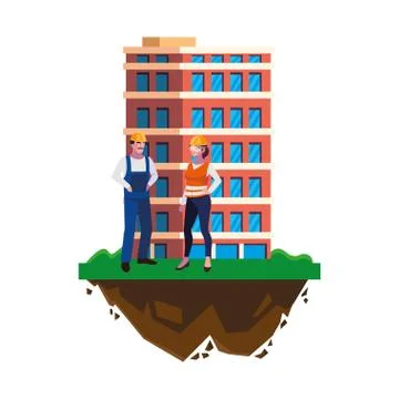 Couple of builders constructors workers with building Ilustración de archivo