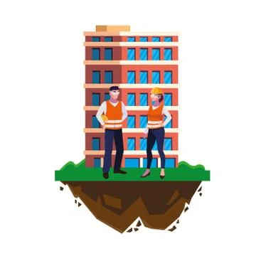 Couple of builders constructors workers with building Ilustración de archivo