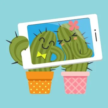 Couple of cactus taking selfie Stock Illustration