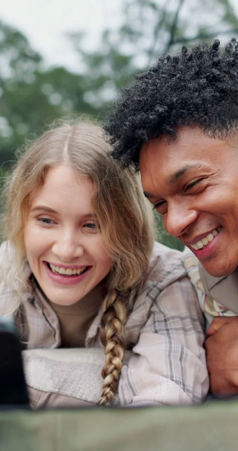 Couple, camping and browse on tablet, forest or route planning with digital map Stock Footage 335896361