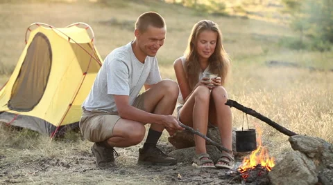Couple at the camping Stock Footage 56280119