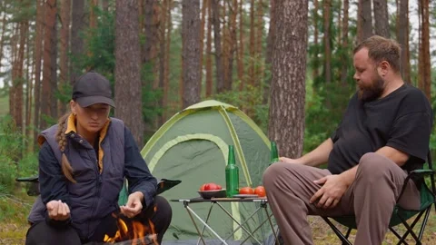 Couple camping in forest drinking beer and talking by campfire Vidéo 327134906