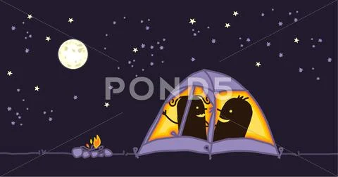Couple in a camping tent by night Stock Illustration