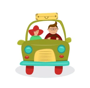 Couple in car going on a trip. Illustrazione stock