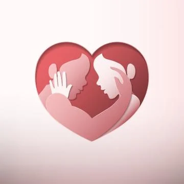 Couple caressing in heart shaped frame paper art Stock Illustration