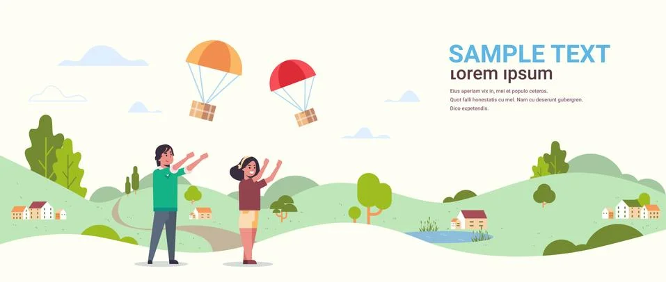 Couple catching parcel box falling down with parachute from sky shipping package Иллюстрация