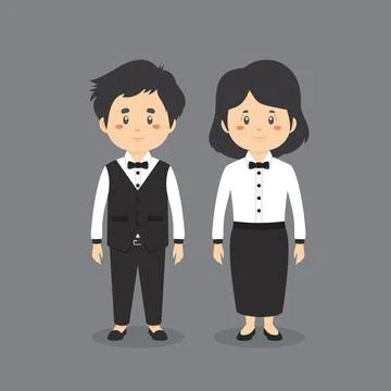 Couple Character Wearing Waiter Uniform Ilustração Stock