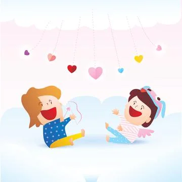 Couple of childrens on the cloud playing with spining heart , little Cupid an Illustrazione stock