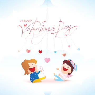 Couple of childrens on the cloud playing with spining heart , little Cupid an Illustrazione stock