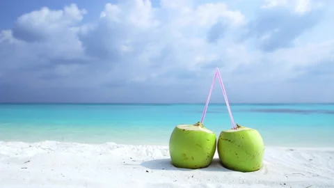 Couple of coconuts on white sand and blue ocean background Stock Footage 140581348