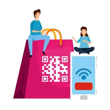 Couple with code qr in bag shopping and smartphone Stock Illustration