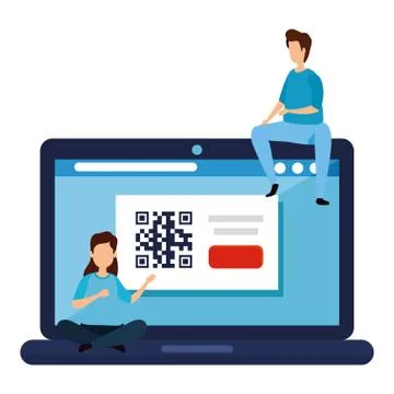 Couple with code qr in laptop Stock Illustration