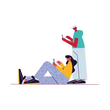Couple connected online by different electronic means Illustrazione stock