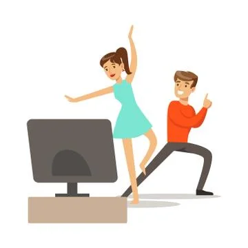 Couple, Console And Motion Capture Dancing,Part Of Happy Gamers Enjoying Playing Stock Illustration
