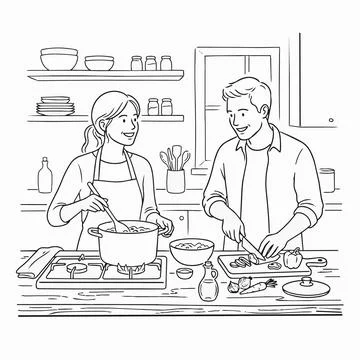 Couple cooking together in kitchen line art illustration Silhouette Stock Illustration
