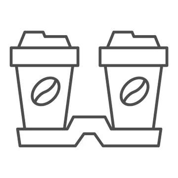 Couple of cups of coffee thin line icon, Coffee time concept, Two disposable Ilustração Stock