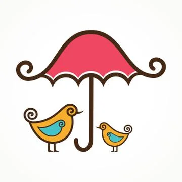 Couple of cute vector birds under pink umbrella Stock Illustration