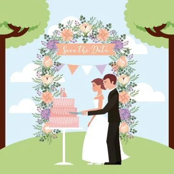 Couple cutting wedding cake arch flowers save the date Stock Illustration