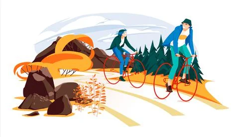 A couple is cycling along a rural road. Autumn. Stock Illustration