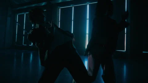 Couple of Dancers Performing Choreography in Dark Studio Stock Footage 335686916
