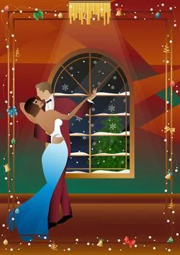 A couple dances in front of a winter window. Illustrazione stock