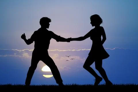 Couple dancing boogie woogie at sunset Stock Illustration