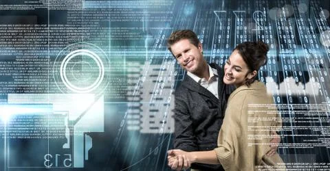 Couple dancing with digital technology interface 写真素材