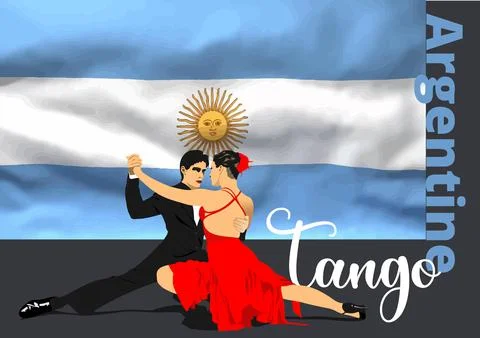 Couple dancing a tango on Argentine flag background. Vector Colored 3d Stock Illustration
