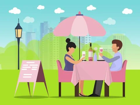 Couple date in cafe outside vector illustration. Man and woman sitting at table Stock Illustration